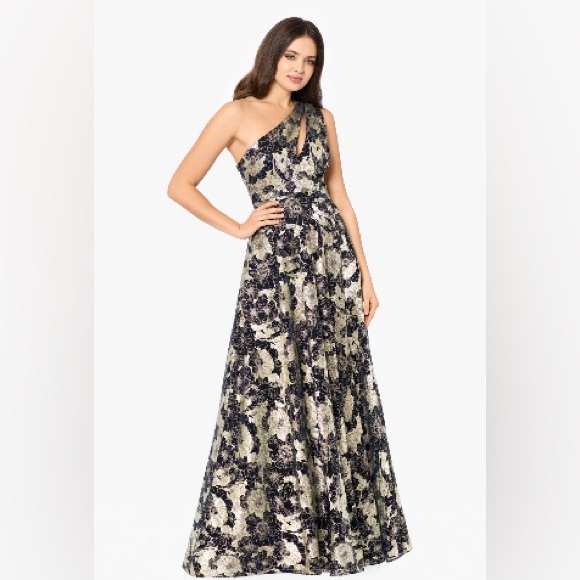 Betsy Adam Gwen Long One Shoulder Floral Metallic Formal Wedding Dress Sz 10 - Picture 5 of 10